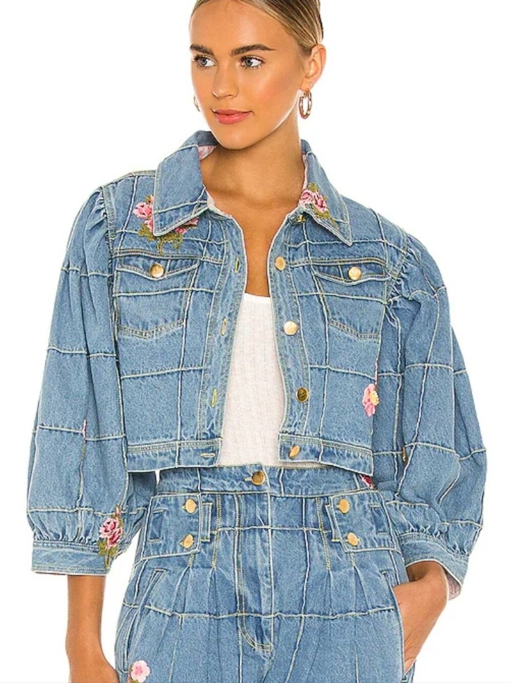 LoveShackFancy Devia Cropped Denim Jacket NWT Floral Embroidered Size Small